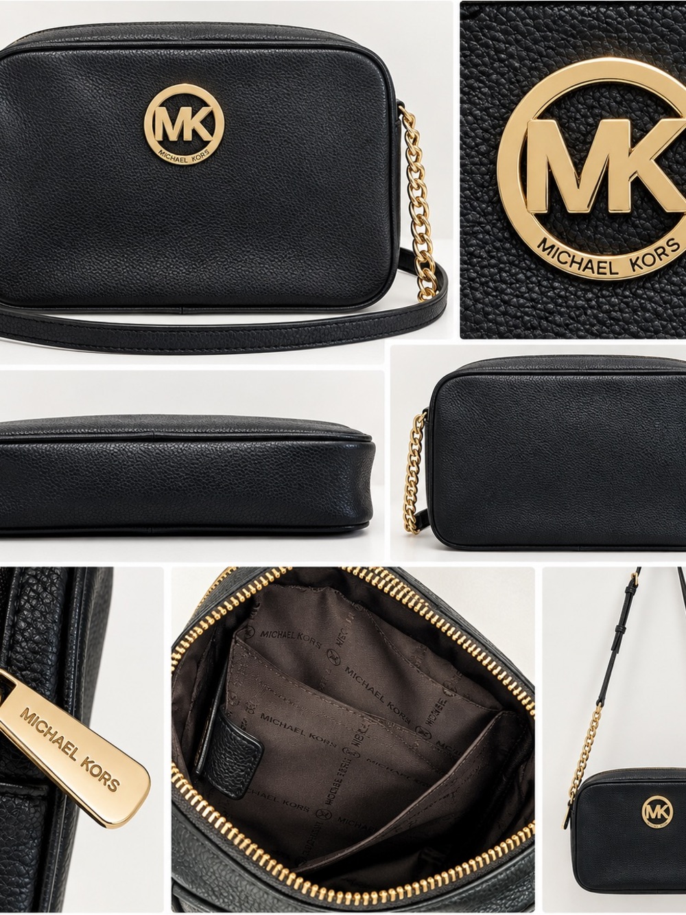 Michael Kors Black Pebbled Leather Camera Crossbody Bag Gold Chain MK Logo
